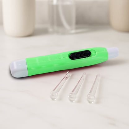Green LED flashlight earpick with tweezer, Wukusy health care tool for ear cleaning, showing the device with LED light and tweezer tip.