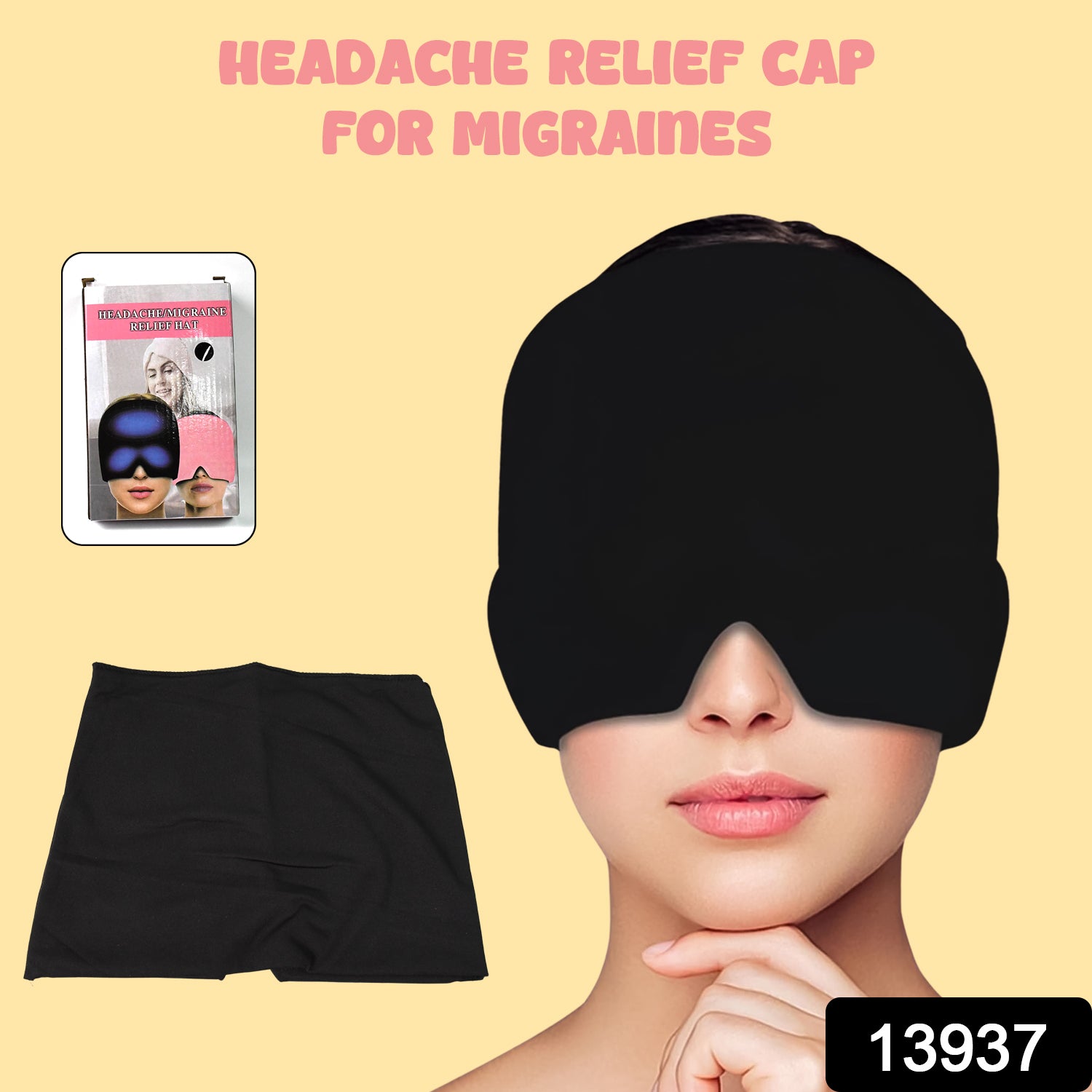 Black Wukusy headache relief hat for migraines, comfortable health care cap designed to soothe headache pain.
