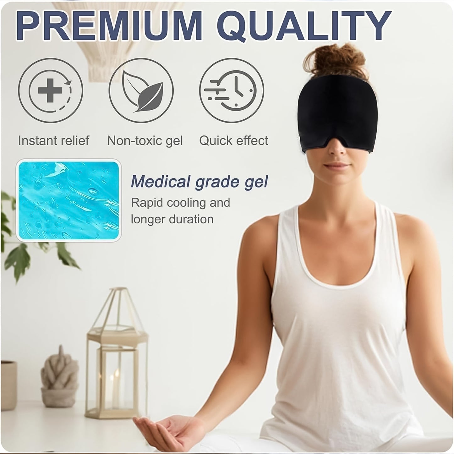 Black Wukusy headache relief hat or migraine cap designed for pain relief, shown in a close-up image.