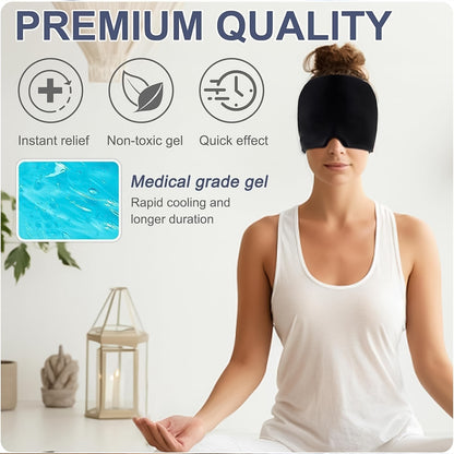 Black Wukusy headache relief hat or migraine cap designed for pain relief, shown in a close-up image.