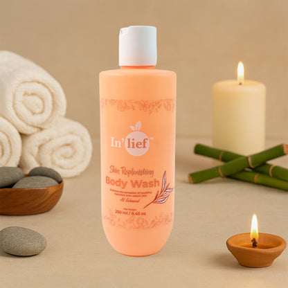 Wukusy Inlief Nourishing Hydrating Skin Replenishing Body Wash in 250ml bottle, showing the product with a clean, natural design