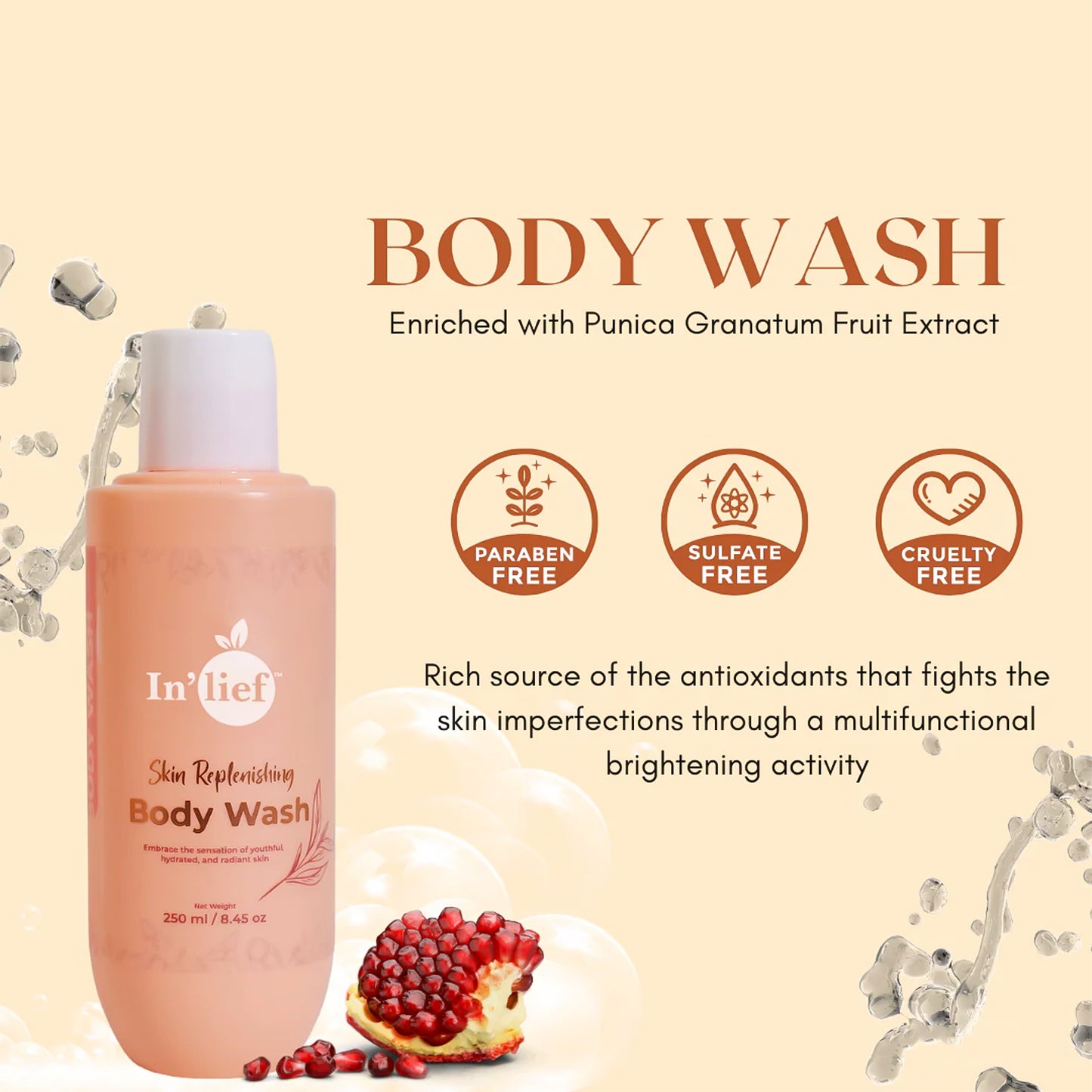Wukusy Inlief Nourishing Hydrating Skin Replenishing Body Wash in 250ml bottle, gentle skincare for nourished, hydrated skin.