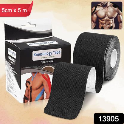 Wukusy kinesiology tape for physiotherapy, sports injury pain relief, 5cm x 5m, applied on skin for muscle support and recovery.