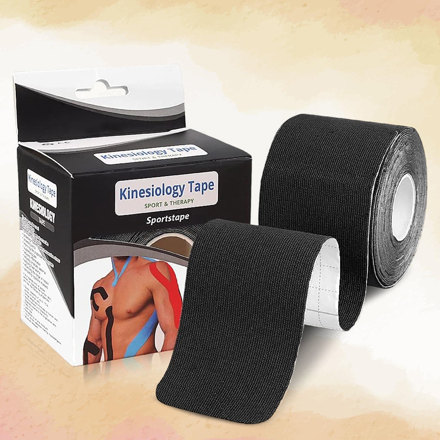 Wukusy kinesiology tape for physiotherapy, 5cm x 5m, used for sports injury pain relief and muscle support in health care.