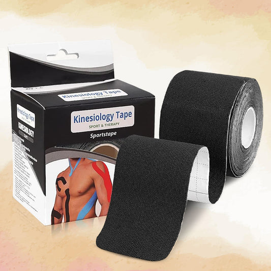 Wukusy kinesiology tape for physiotherapy, 5cm x 5m, used for sports injury pain relief and muscle support in health care.