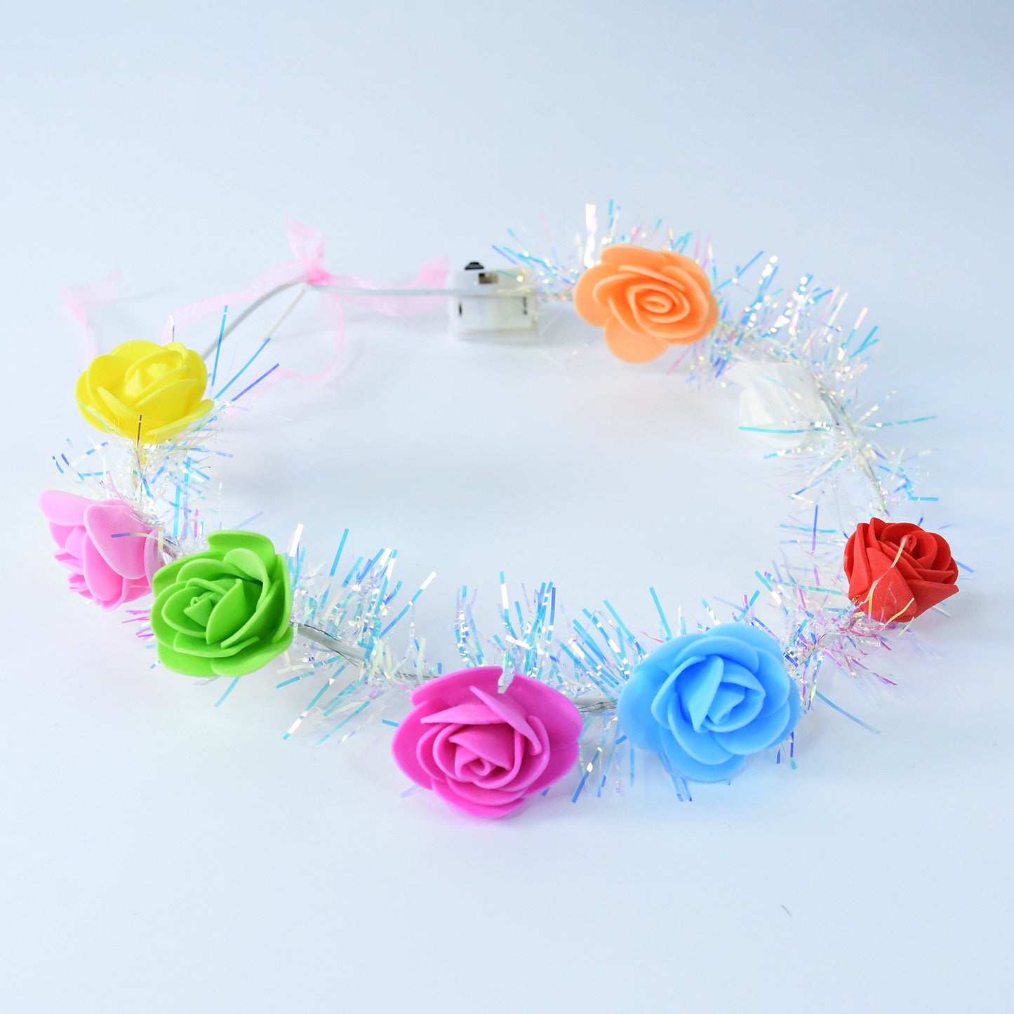 Wukusy LED flower crown headband with multicolor lights, perfect for health care or festive occasions, shown illuminated.