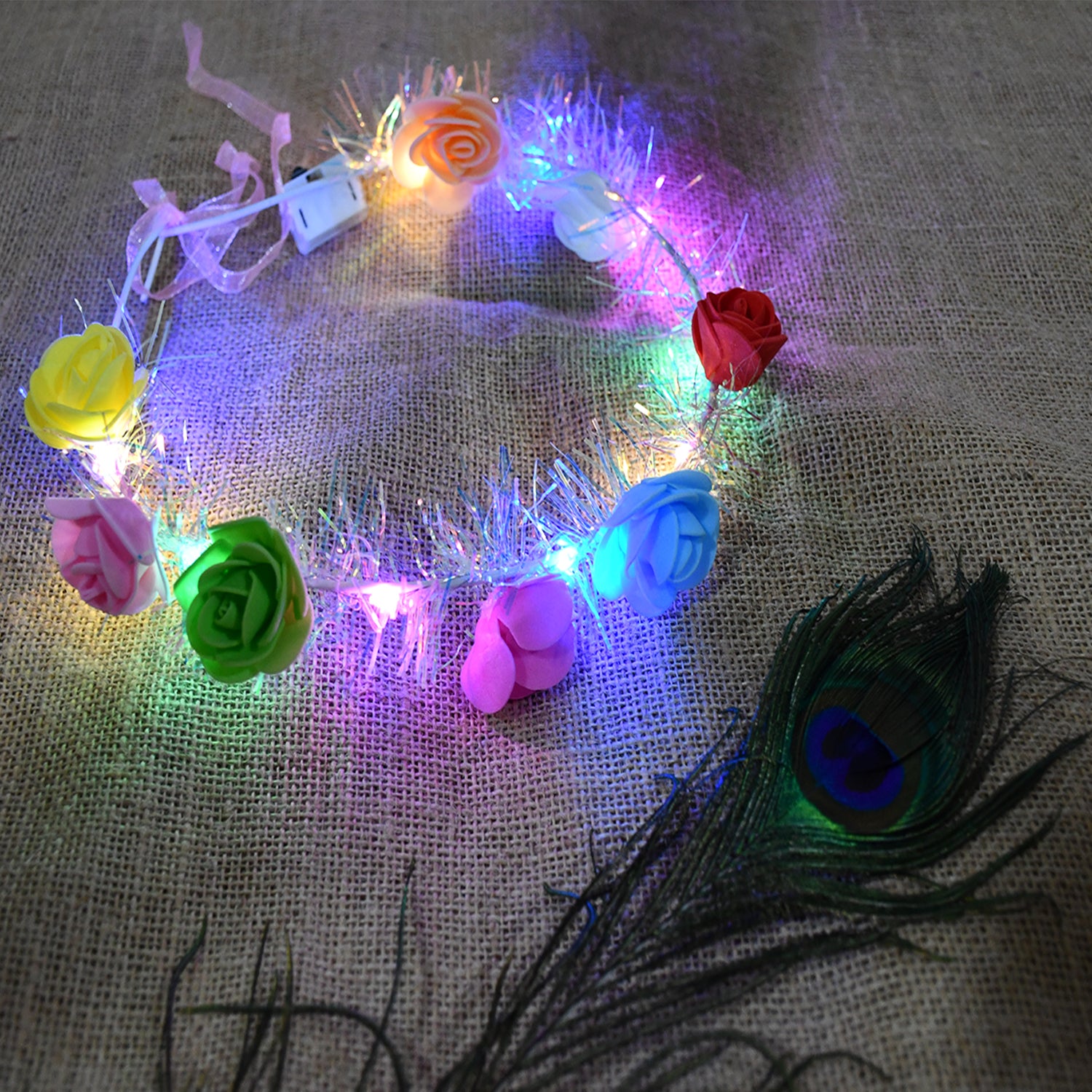 Wukusy LED flower crown headband with multicolor lights, designed for health care or festive wear, featuring vibrant, light-up flowers.