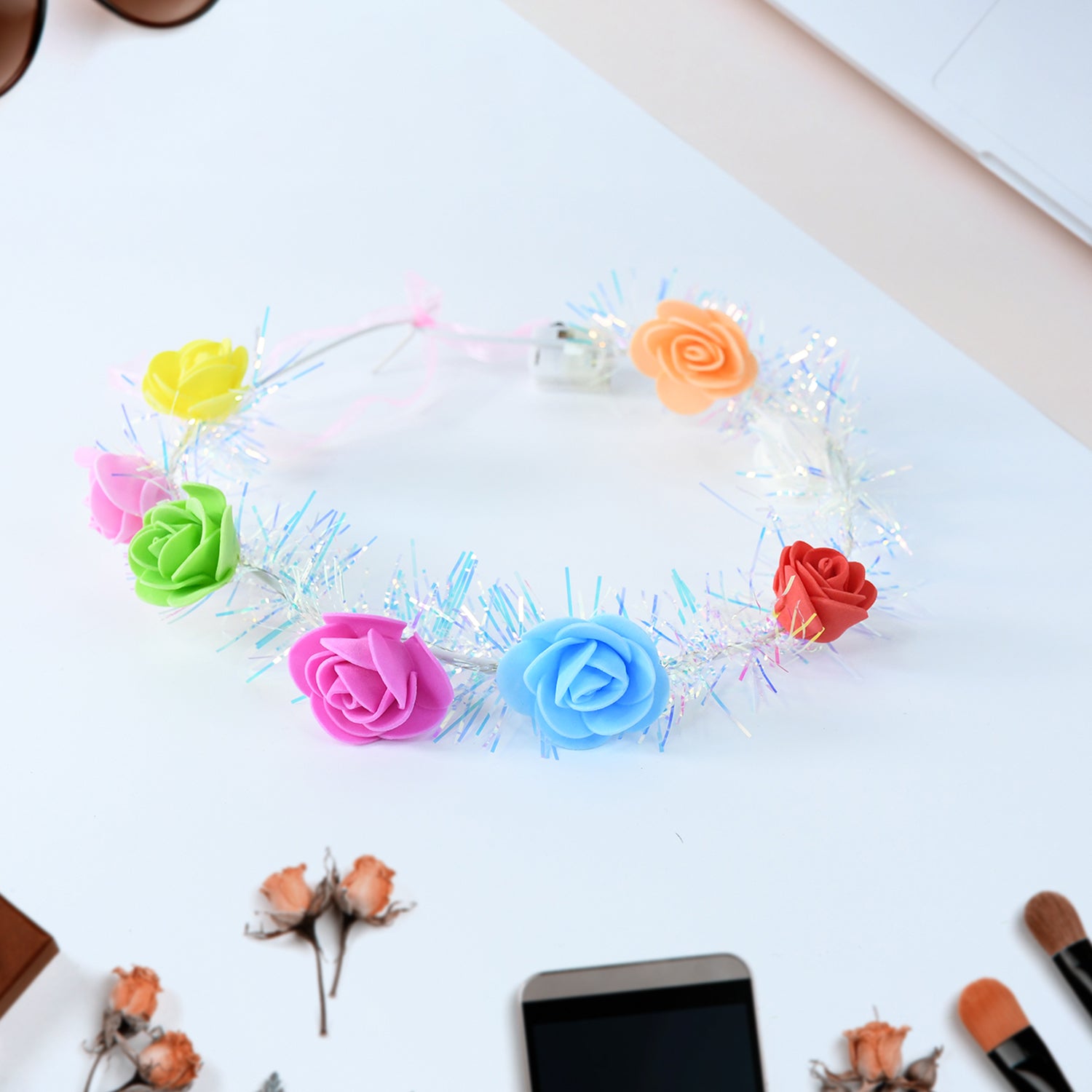 Wukusy LED flower crown headband with multicolor lights, illuminated health care accessory for special occasions or events.