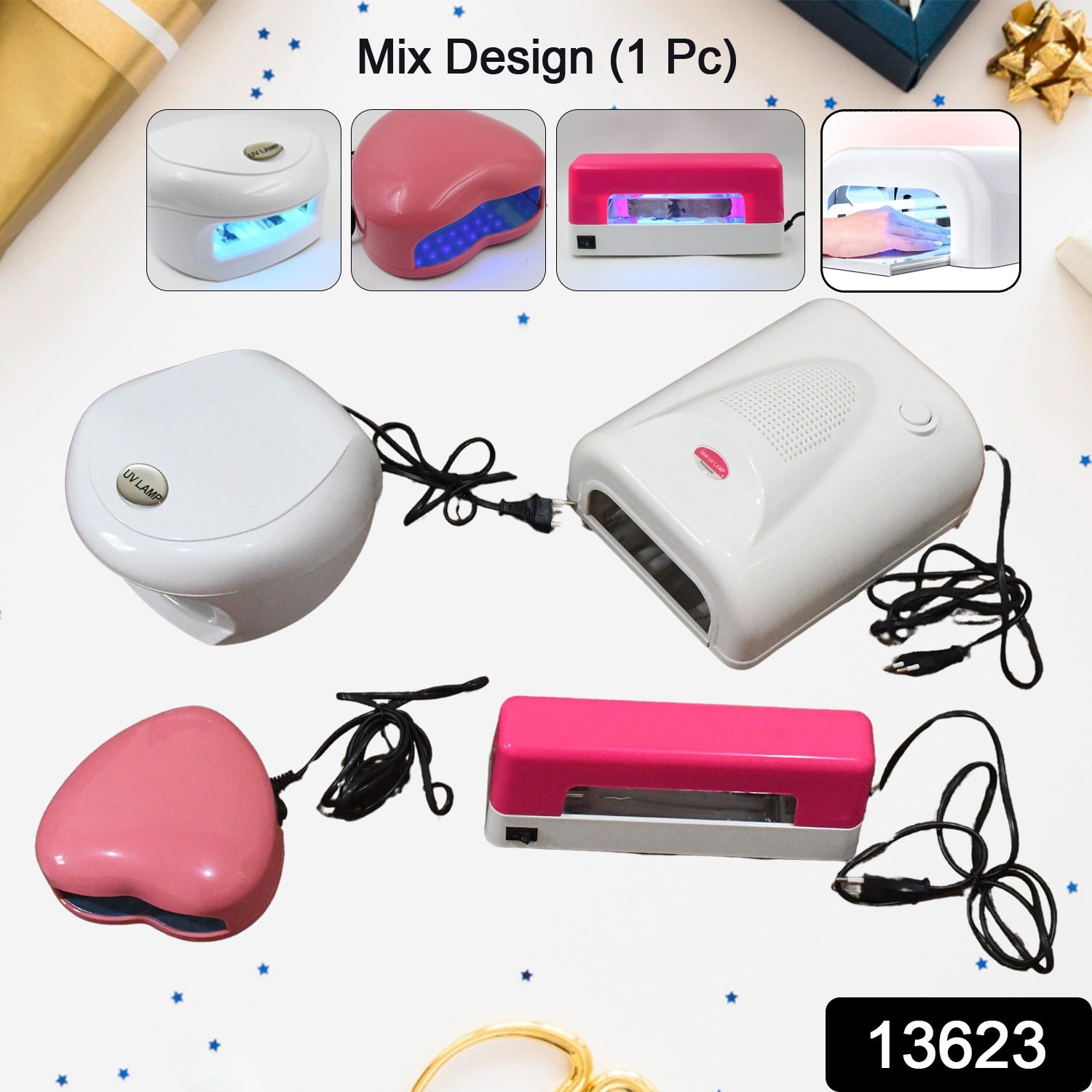 Wukusy LED UV nail lamp for gel nail polish curing, featuring a mix of colorful designs on a compact nail dryer.