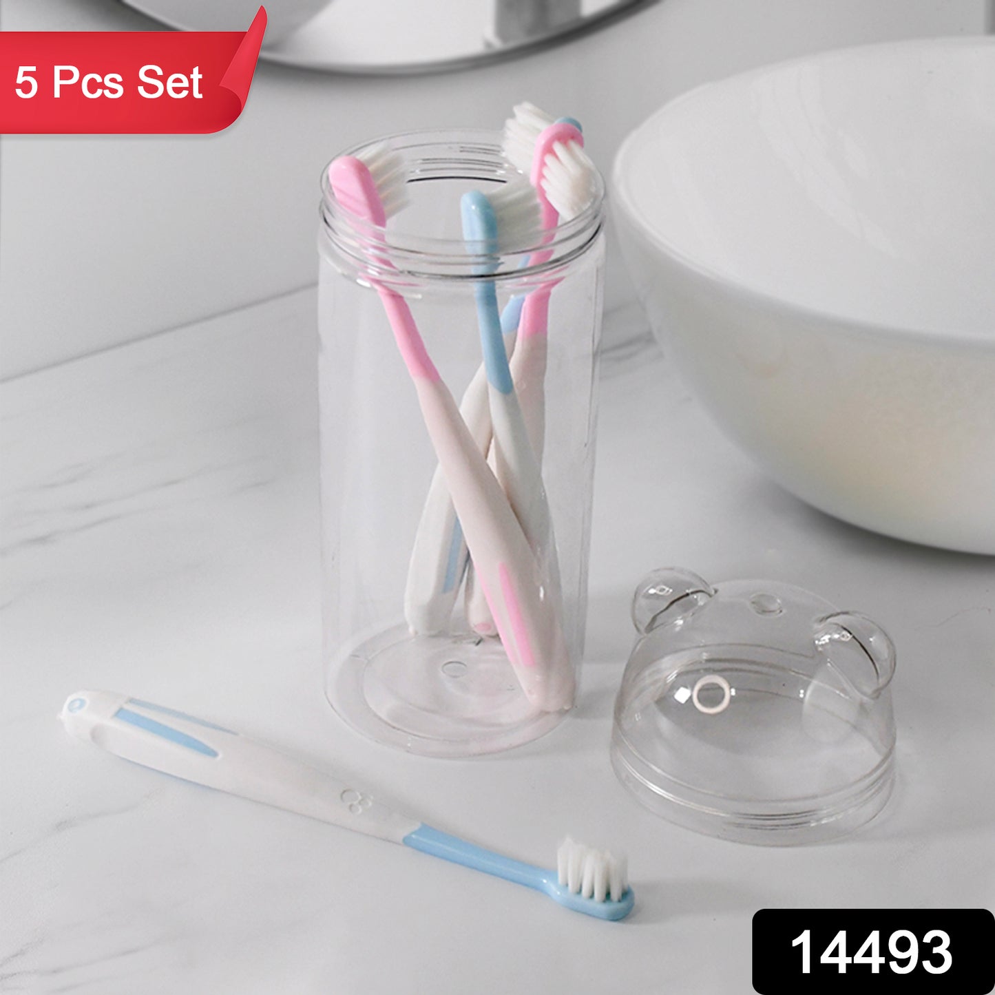 Wukusy travel-friendly toothbrush holder with four soft-bristle toothbrushes, compact and suitable for health care and on-the-go use.