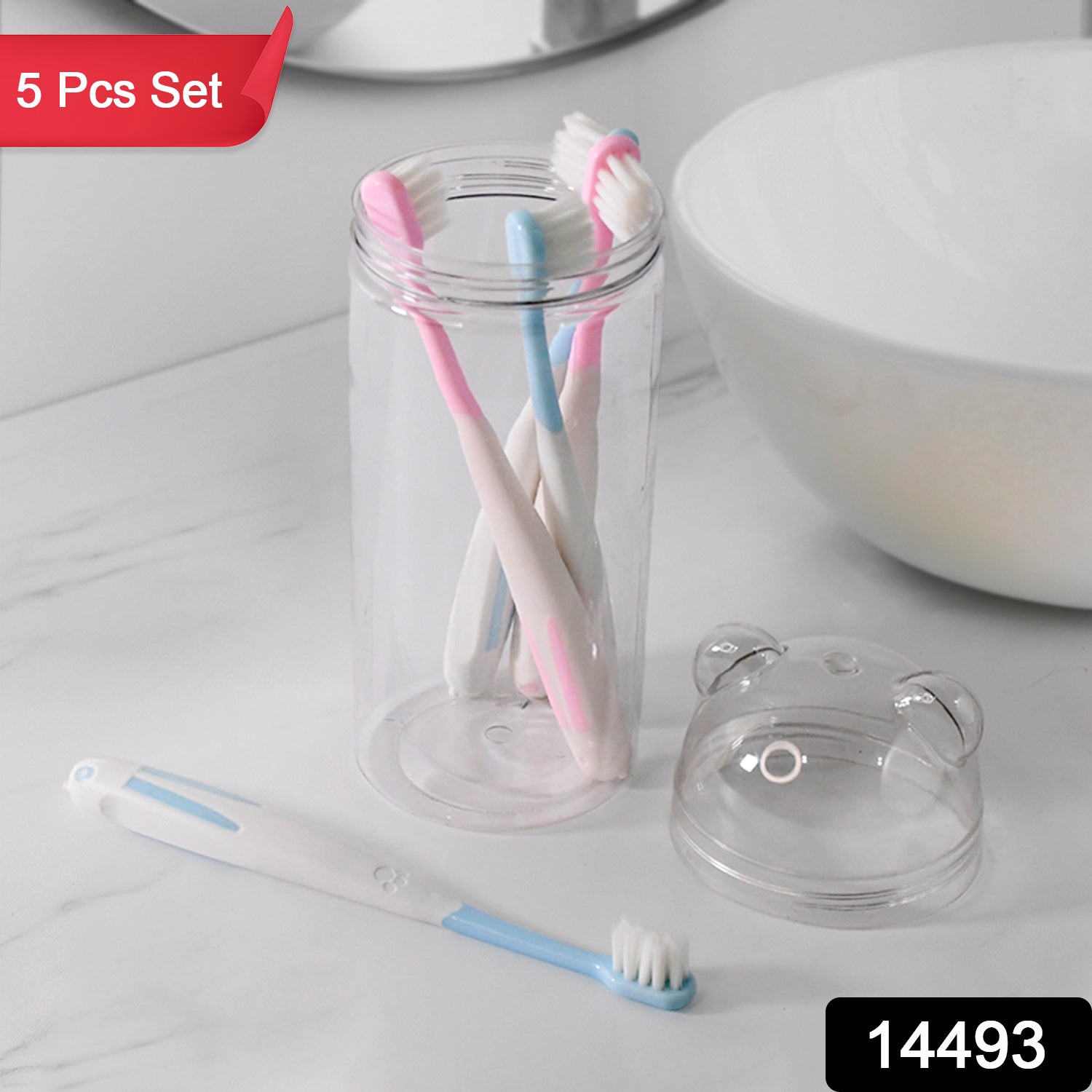 Wukusy travel-friendly toothbrush holder with four soft-bristle toothbrushes, compact and suitable for health care and on-the-go use.