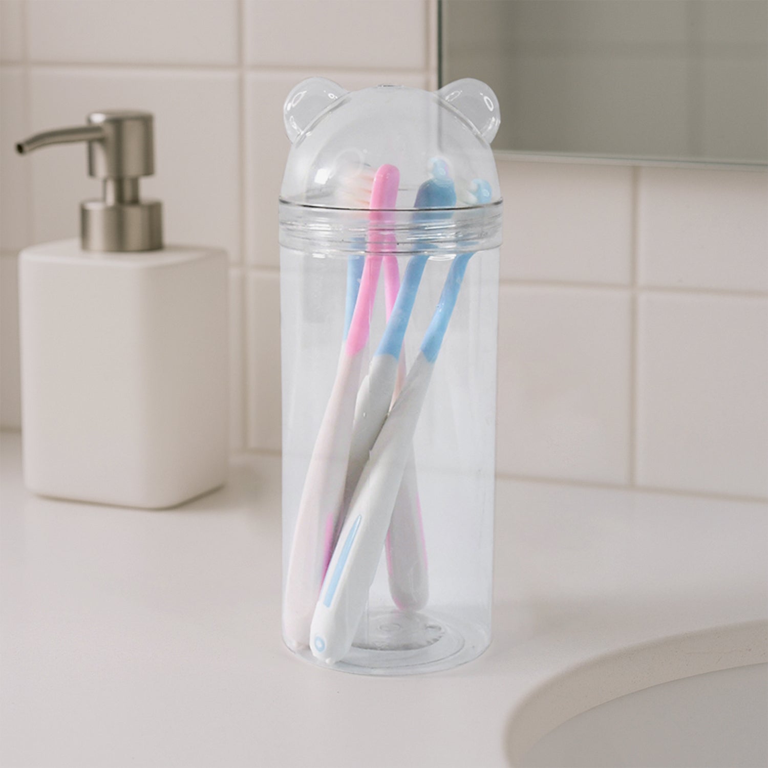 Wukusy travel-friendly toothbrush holder with four soft-bristle toothbrushes, compact health care accessory for on-the-go oral hygiene.