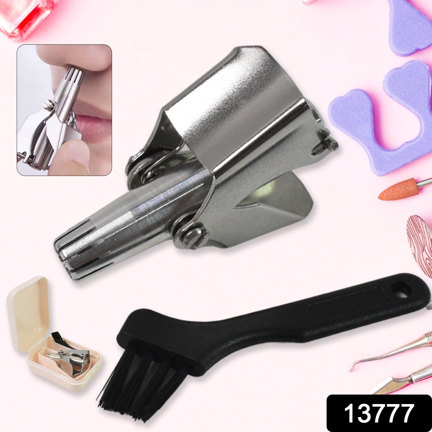 Wukusy stainless steel nose hair clipper with brush and plastic case, compact health care grooming tool for nose hair removal.