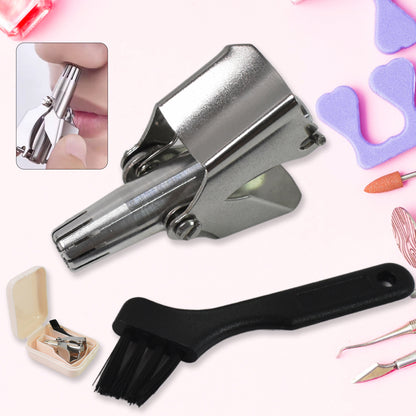 Wukusy stainless steel nose hair clipper with brush and plastic case, compact health care tool for nose hair trimming.