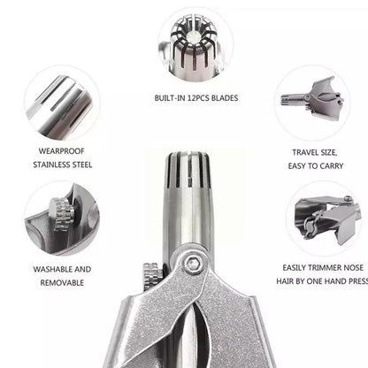 Wukusy stainless steel nose hair clipper with brush and plastic case, designed for personal health care grooming.
