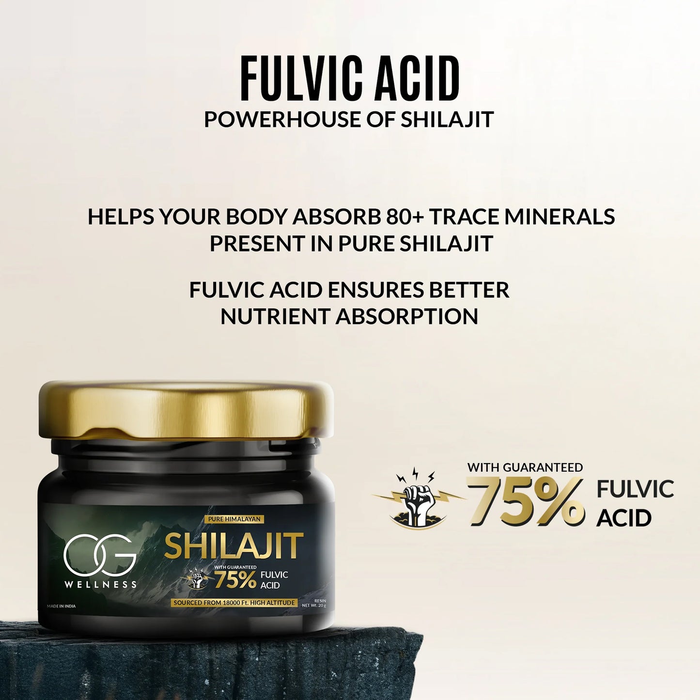 Wukusy Og Wellness Pure Himalayan Shilajit Resin 20g, natural health supplement in a small jar.