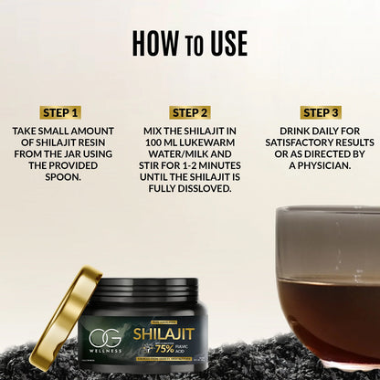 Wukusy Og Wellness Himalayan Shilajit Resin in 20g jar, natural health supplement, dark resin with textured surface.