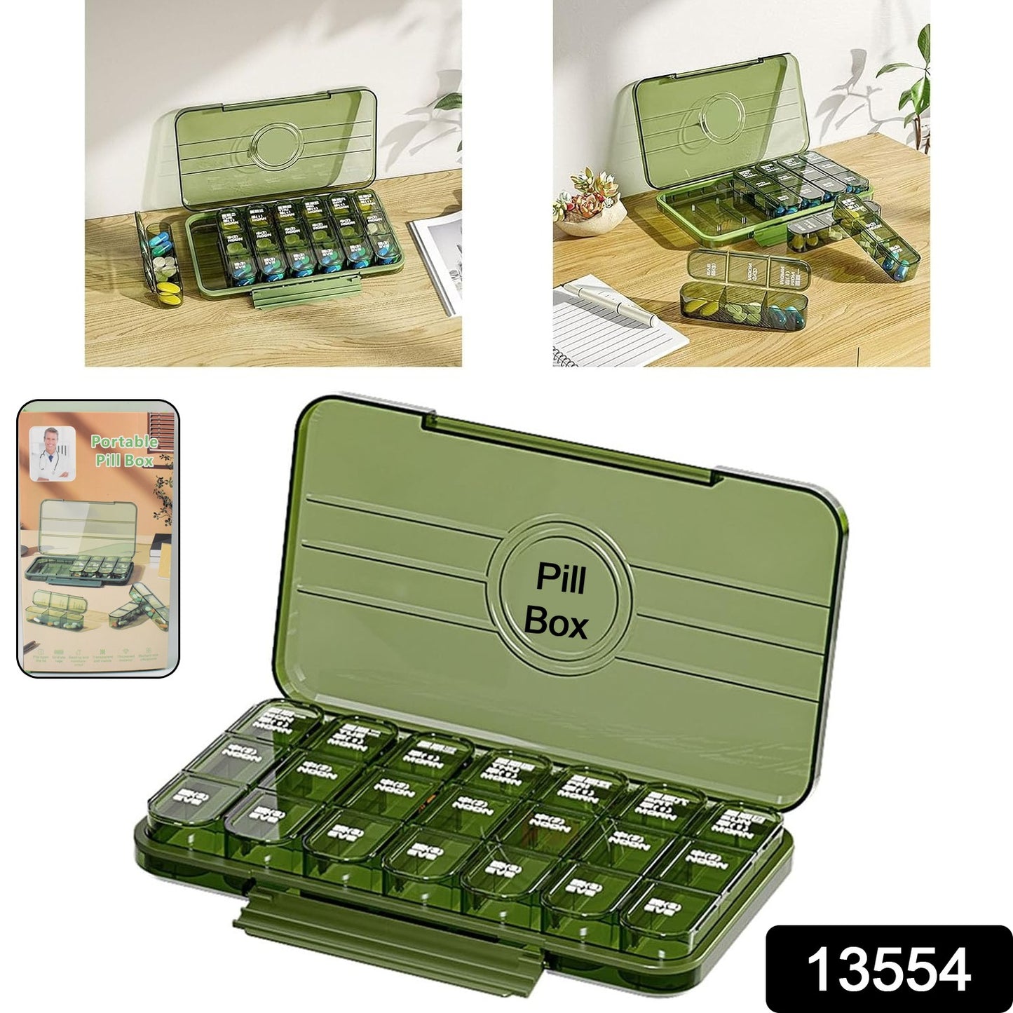 Wukusy portable weekly pill box organizer with 21-grid daily pill keeper for medication storage and easy access.