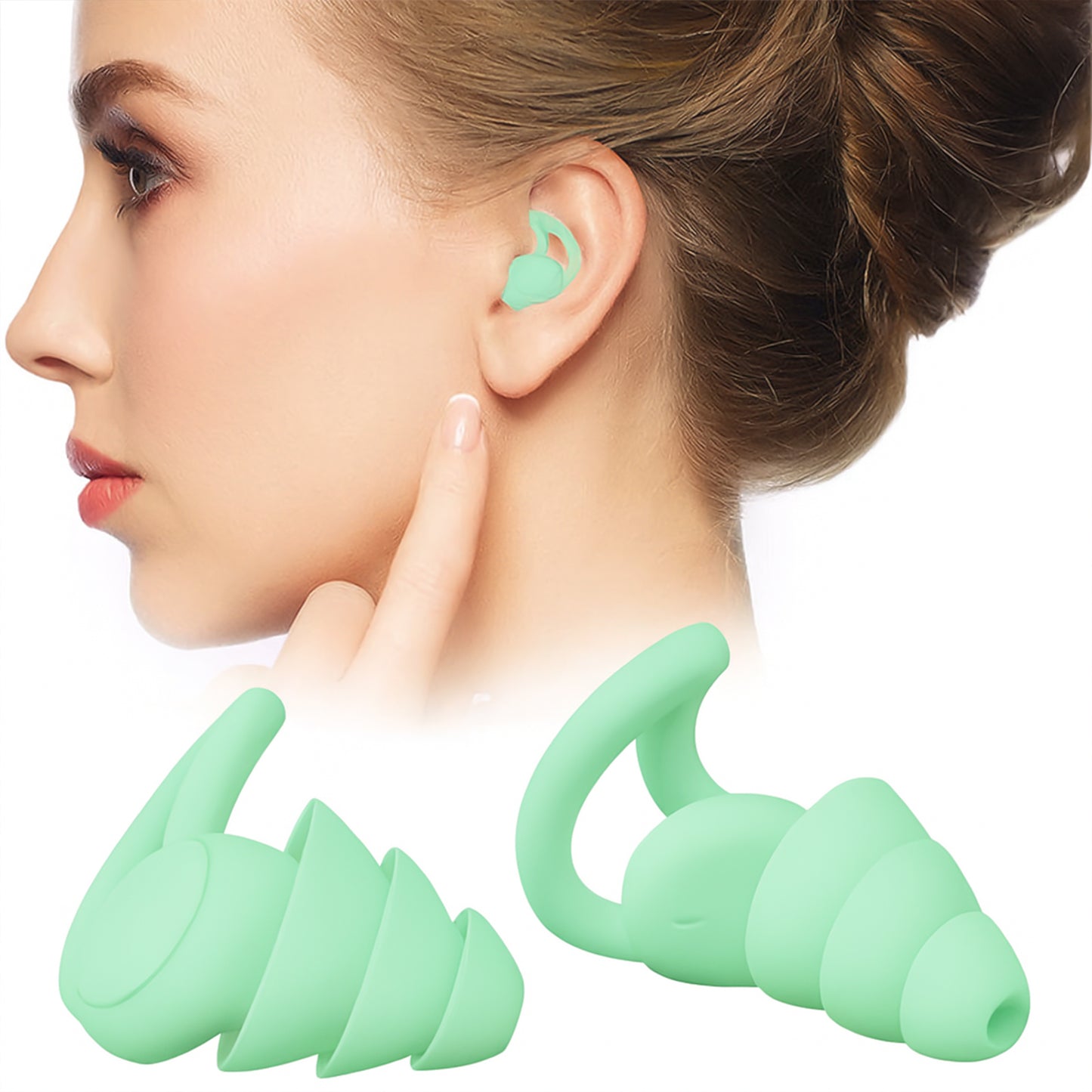 Wukusy premium layered silicone noise reduction earplugs, health care product, shown in a pair with soft silicone tips for comfort