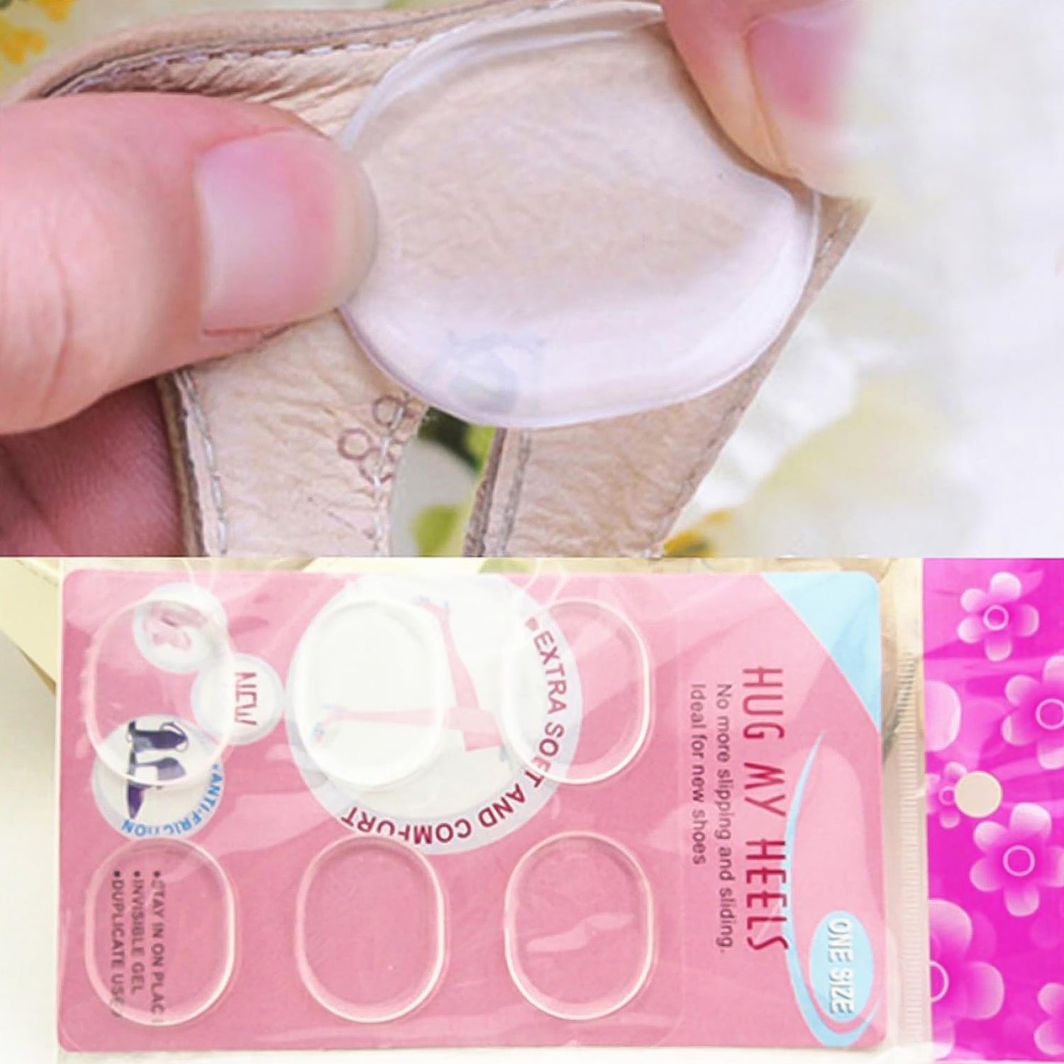 Pair of Wukusy silicone shoe insoles and heel pads for comfort and support in health care footwear.