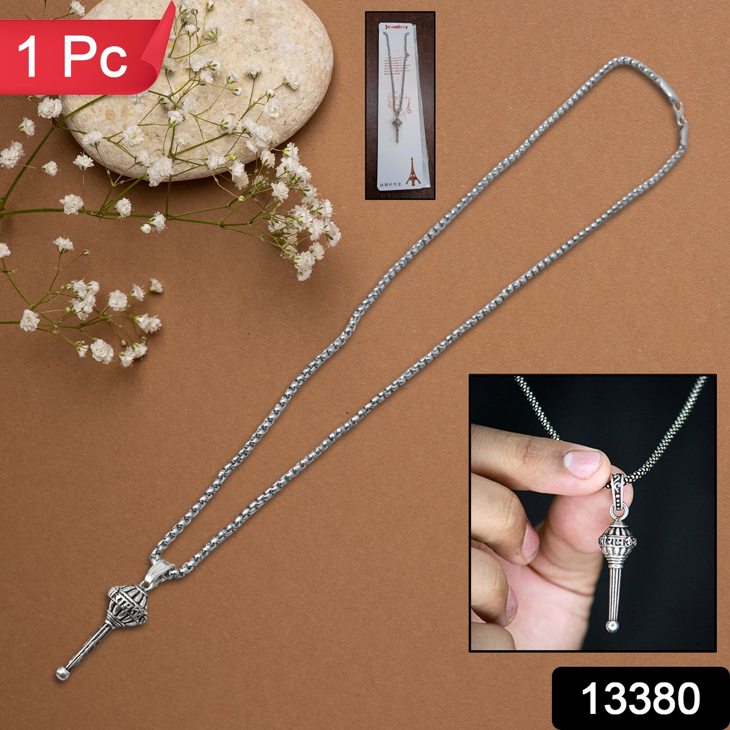 Silver chain with Gada pendant locket from Wukusy, featuring a sleek design for health care use.