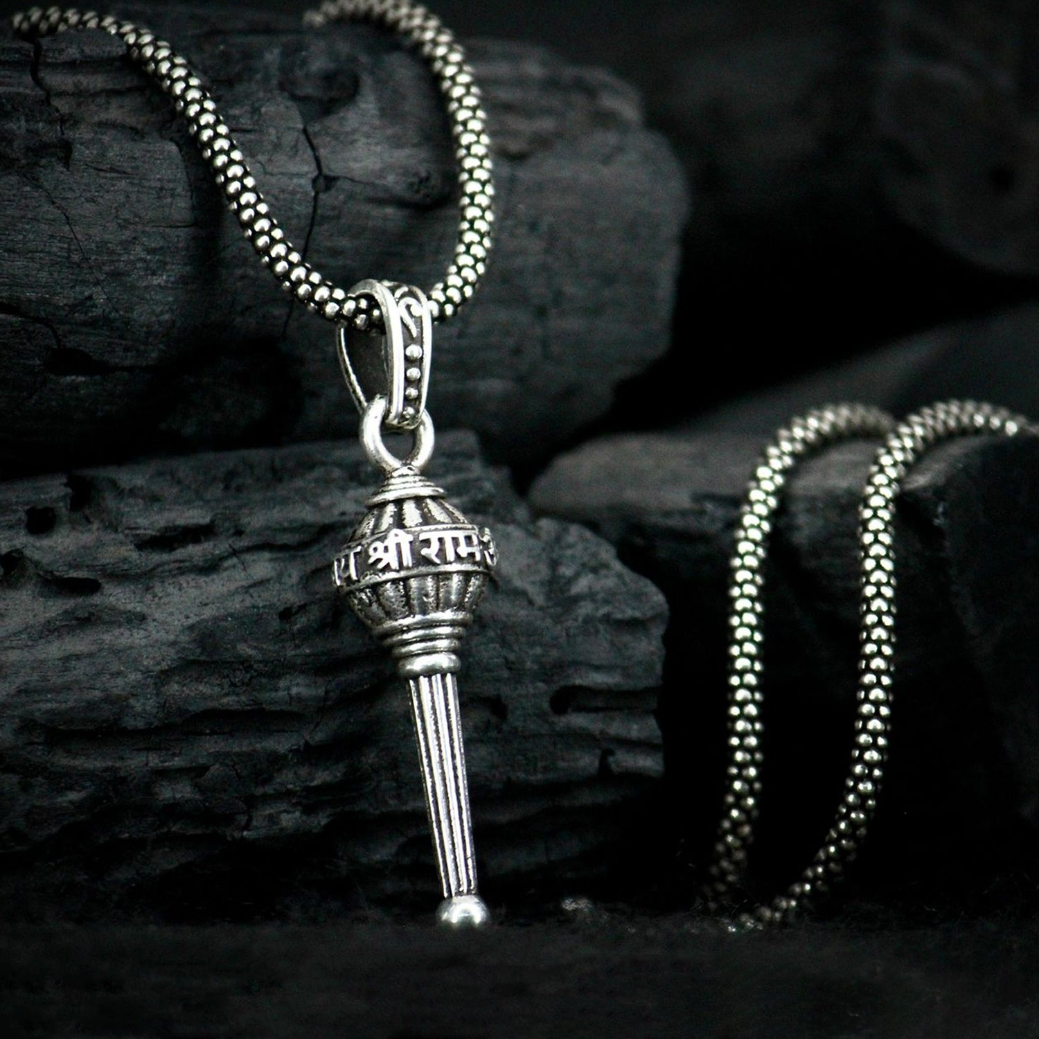 Silver chain with Gada pendant locket from Wukusy, a health care necklace featuring intricate metalwork and a secure clasp.