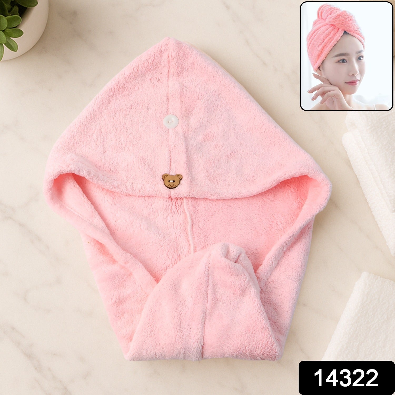 Wukusy microfiber hair drying towel wrap with a cute teddy bear button, soft and absorbent for gentle hair drying.