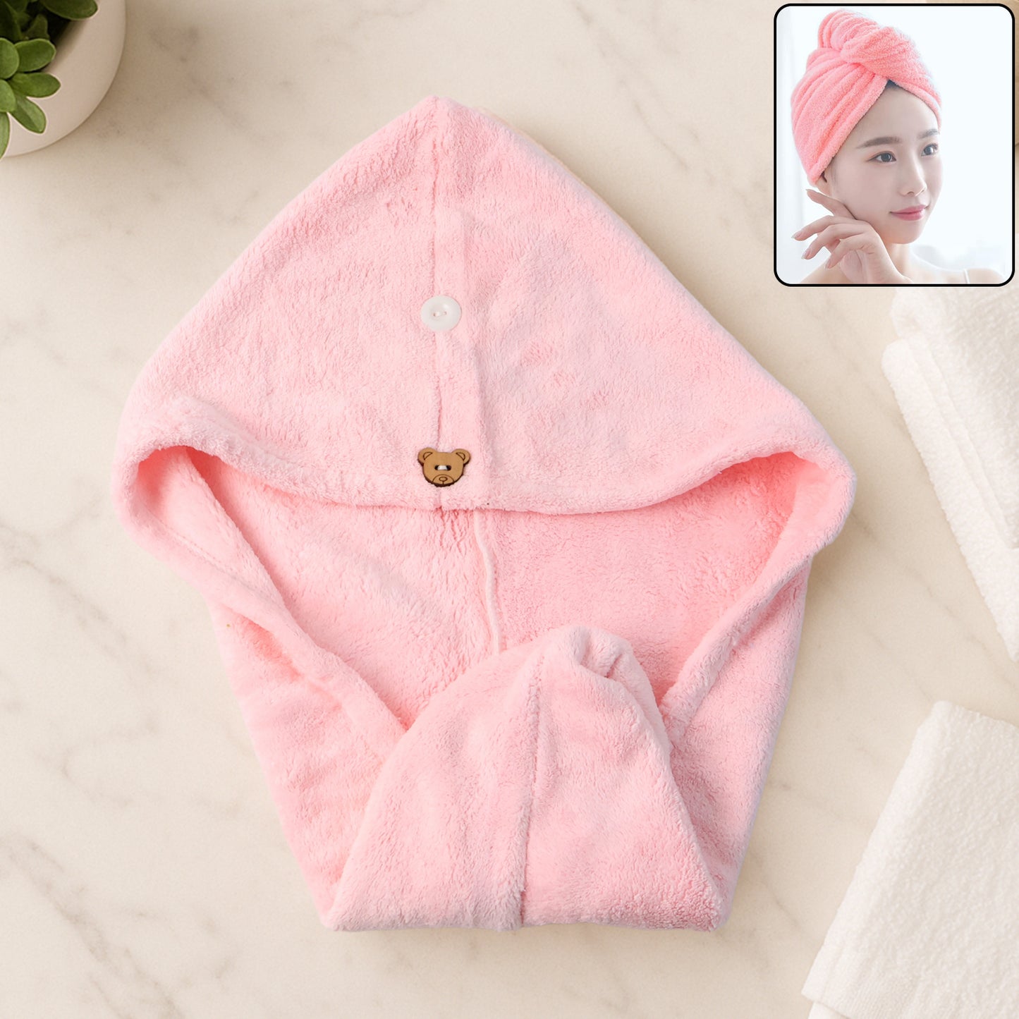 Wukusy microfiber hair drying towel wrap with cute teddy bear button, soft and absorbent for gentle hair drying.