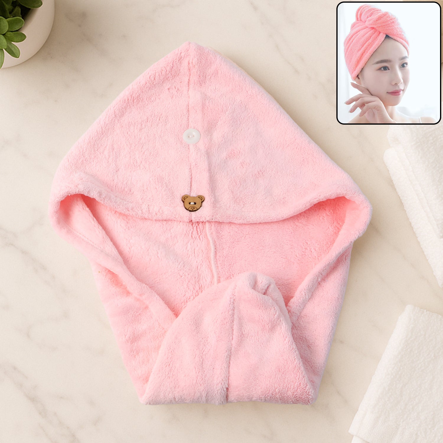 Wukusy microfiber hair drying towel wrap with cute teddy bear button, soft and absorbent for gentle hair drying.