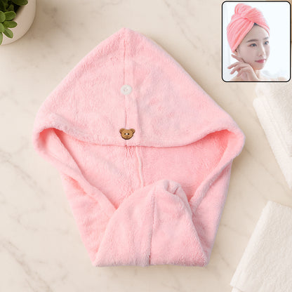 Wukusy microfiber hair drying towel wrap with cute teddy bear button, soft and absorbent for gentle hair drying.