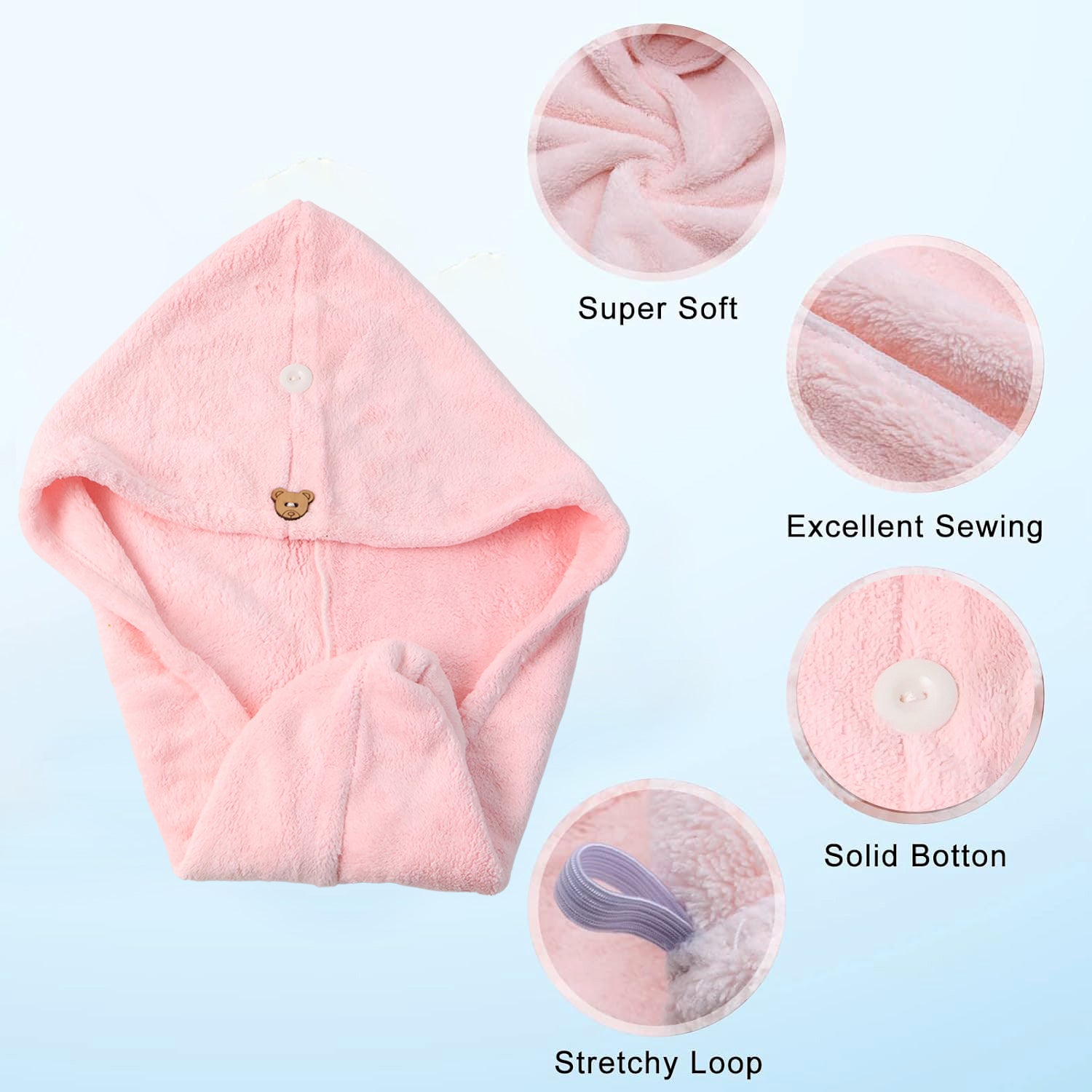 Wukusy microfiber hair drying towel wrap with cute teddy bear button, soft and absorbent for quick hair drying.