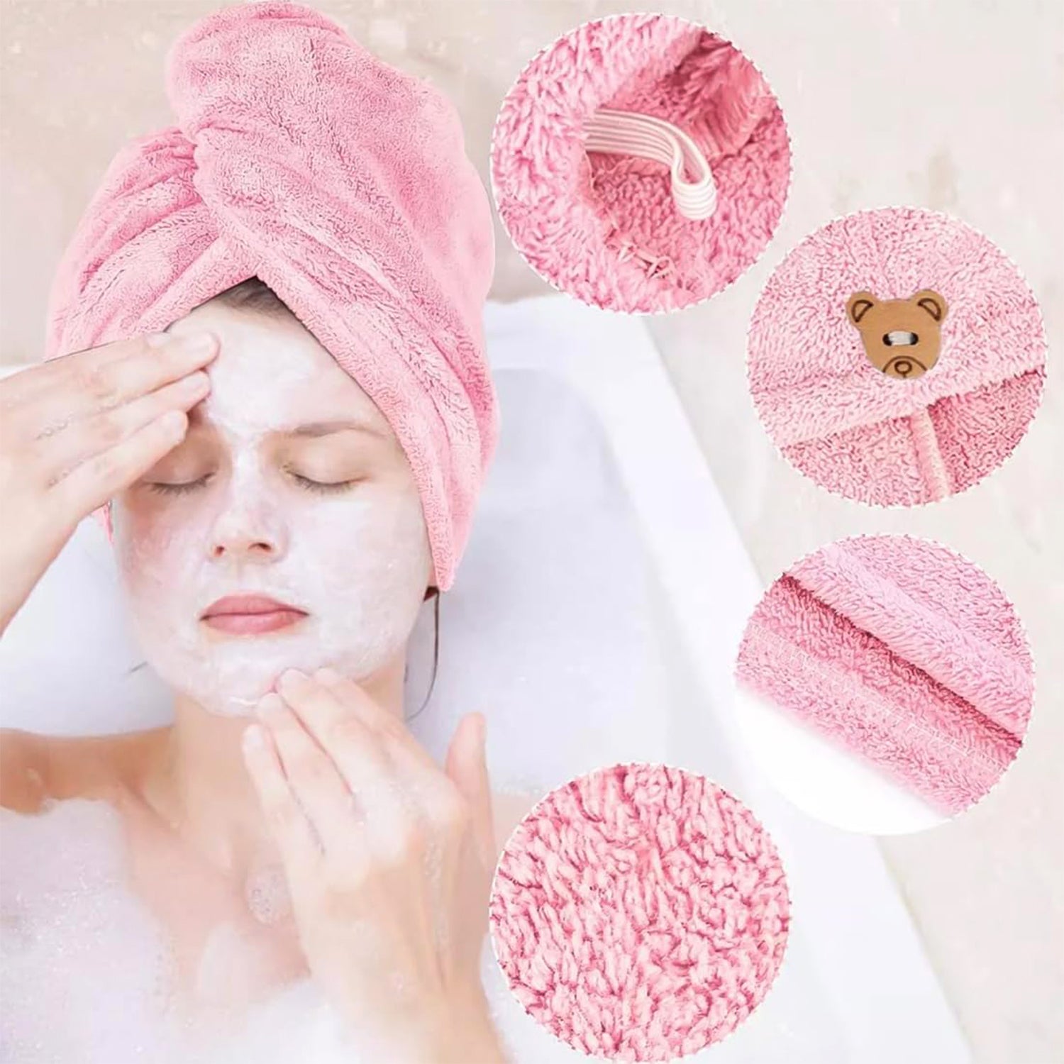Wukusy microfiber hair drying towel wrap with cute teddy bear button, soft and absorbent for gentle hair drying.