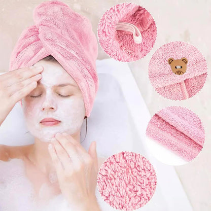 Wukusy microfiber hair drying towel wrap with cute teddy bear button, soft and absorbent for gentle hair drying.