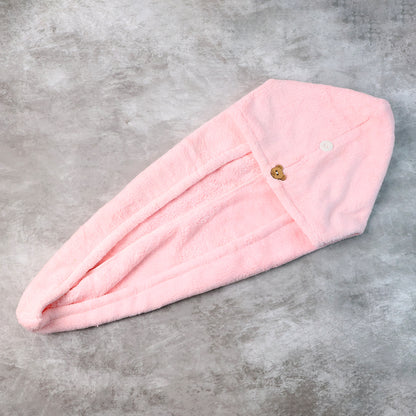 Wukusy microfiber hair drying towel wrap with a cute teddy bear button, designed for gentle, quick hair drying.