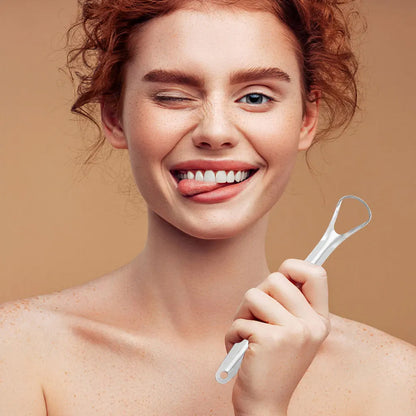Wukusy stainless steel tongue scraper with metal case, health care tool for oral hygiene and tongue cleaning.