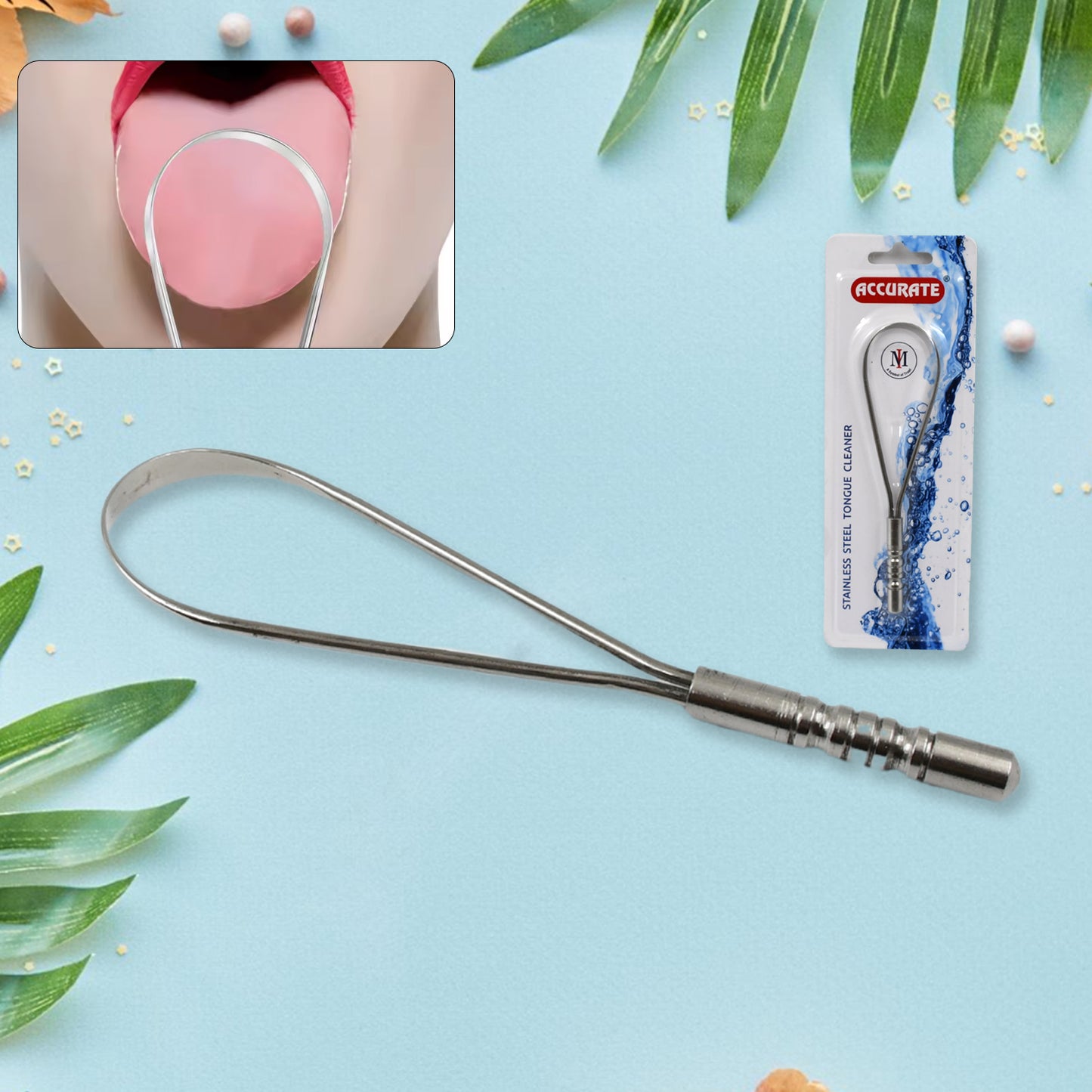 Steel tongue cleaner by Wukusy, health care tongue scraper for oral hygiene, shown in a close-up image.