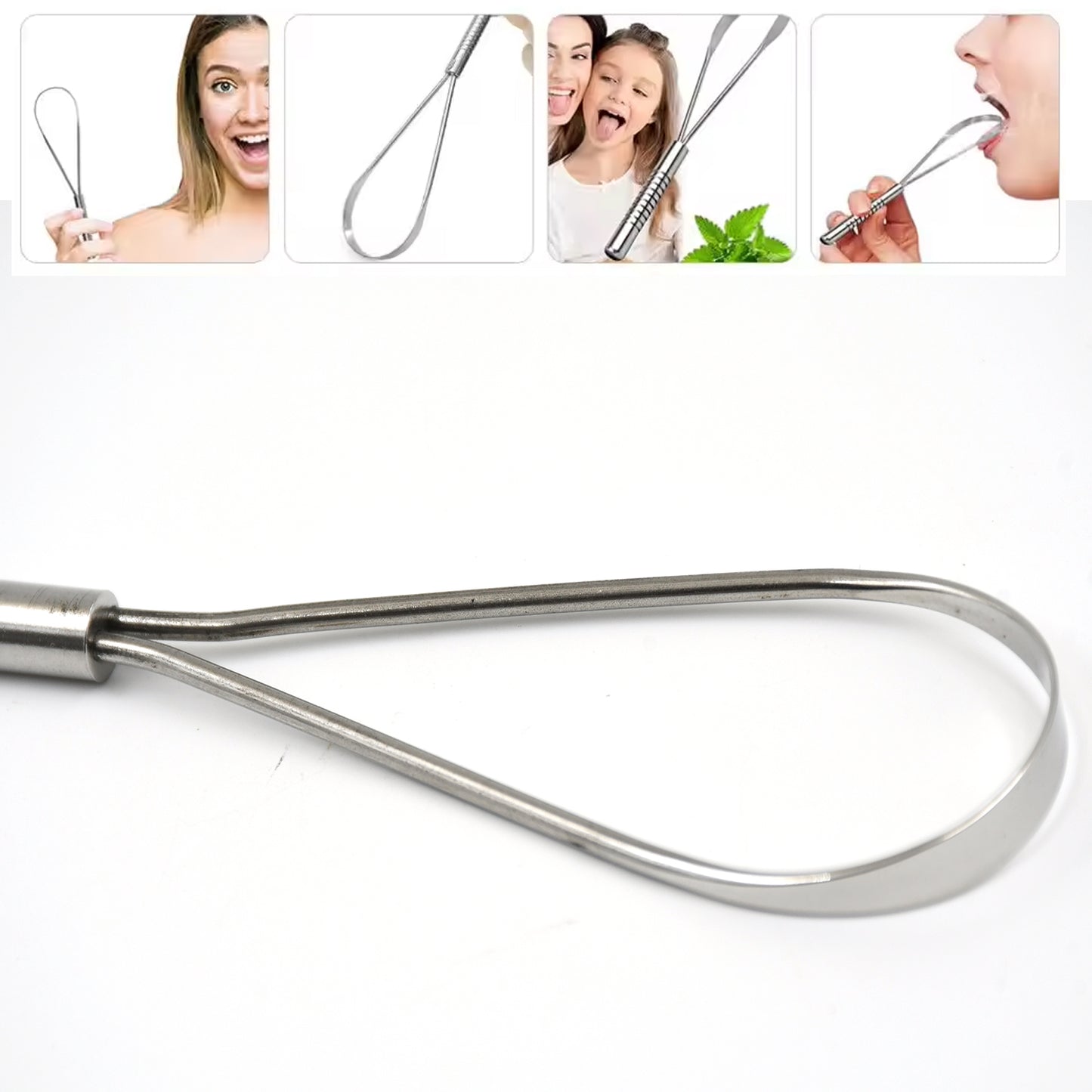 Wukusy steel tongue cleaner and scraper, health care product for oral hygiene, showing a stainless steel tongue scraper on a white background.