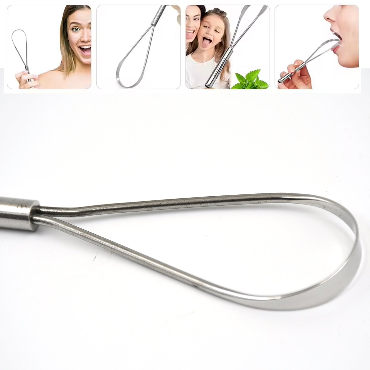 Wukusy steel tongue cleaner and scraper, health care product for oral hygiene, showing a stainless steel tongue scraper on a white background.