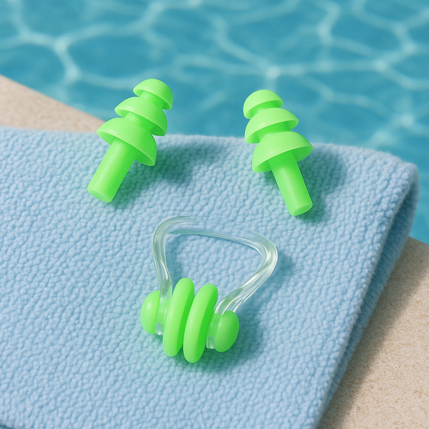 Wukusy swimming earplugs and nose clip set, 3-piece health care kit for water protection and ear safety during swimming.