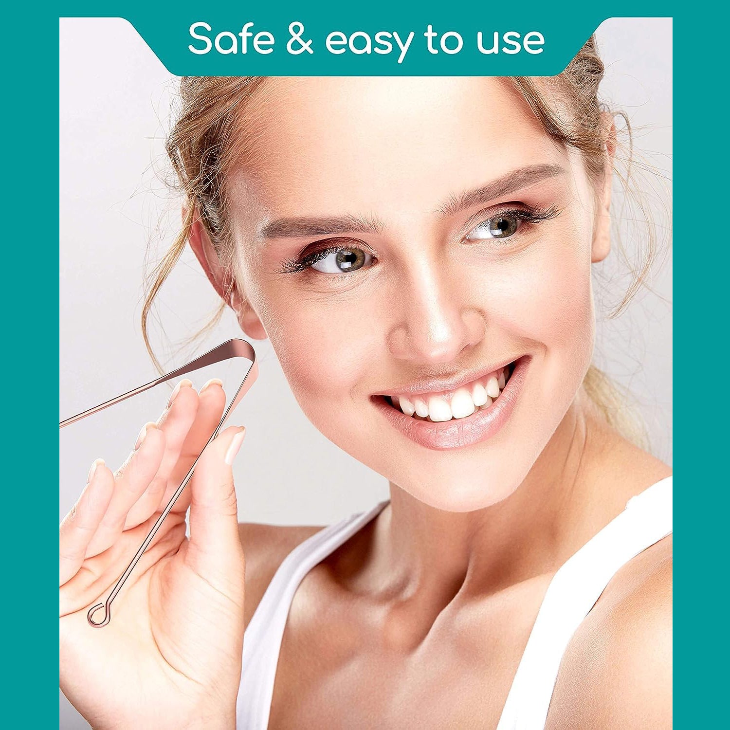 Steel copper tongue cleaner for kids and adults, used for fresh breath, bacteria removal, and maintaining oral hygiene daily.