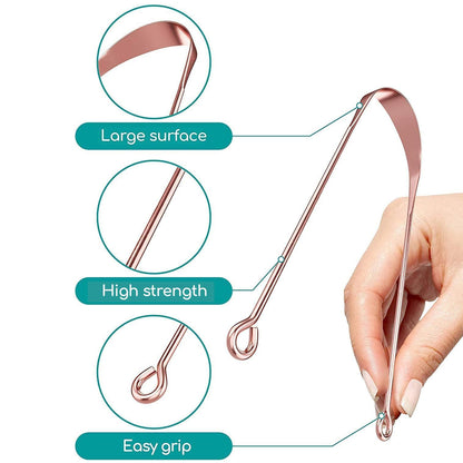 Steel copper tongue cleaner for kids and adults, used for bad breath, bacteria removal, and maintaining daily oral hygiene.