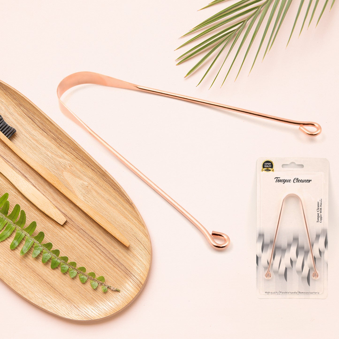 Wukusy steel copper tongue cleaner for kids and adults, used for fresh breath and bacteria removal to maintain oral hygiene.