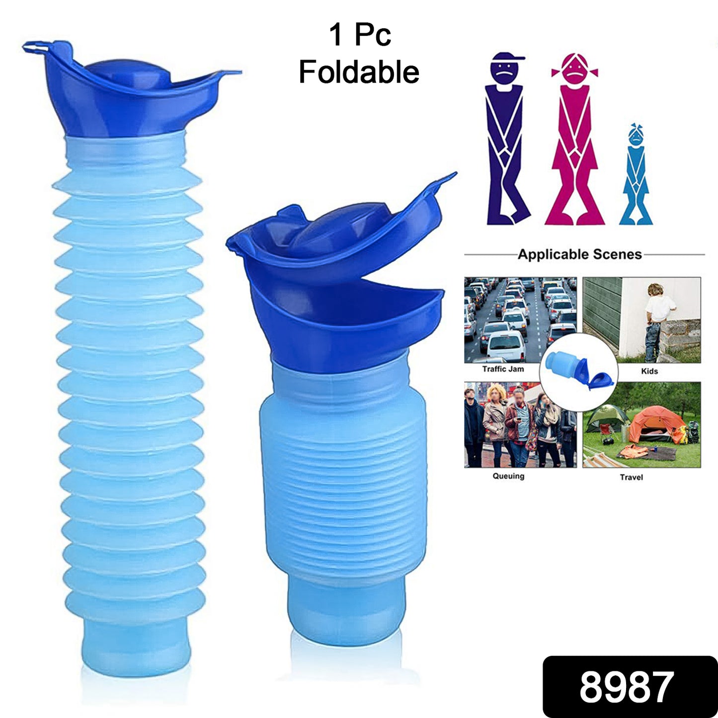 Foldable portable Wukusy urinal bottle, 750 ml, for health care use, shown in a compact, easy-to-carry design.