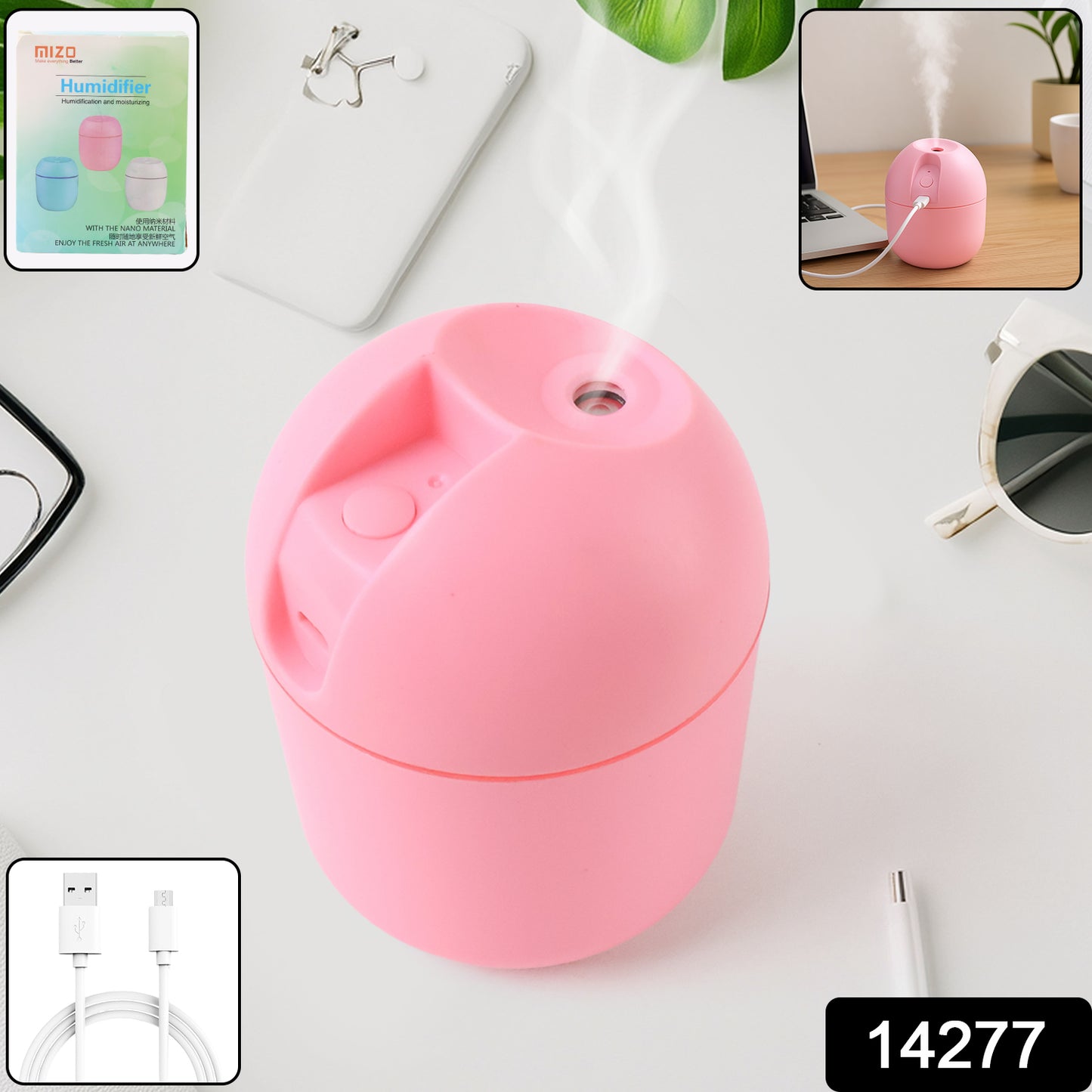 Wukusy USB mini air humidifier for home and office, compact health care device with mist outlet and control button in a modern design.