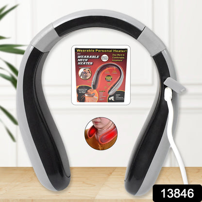 Wukusy USB Type C rechargeable wearable neck heater for pain relief and warmth, shown worn around the neck.