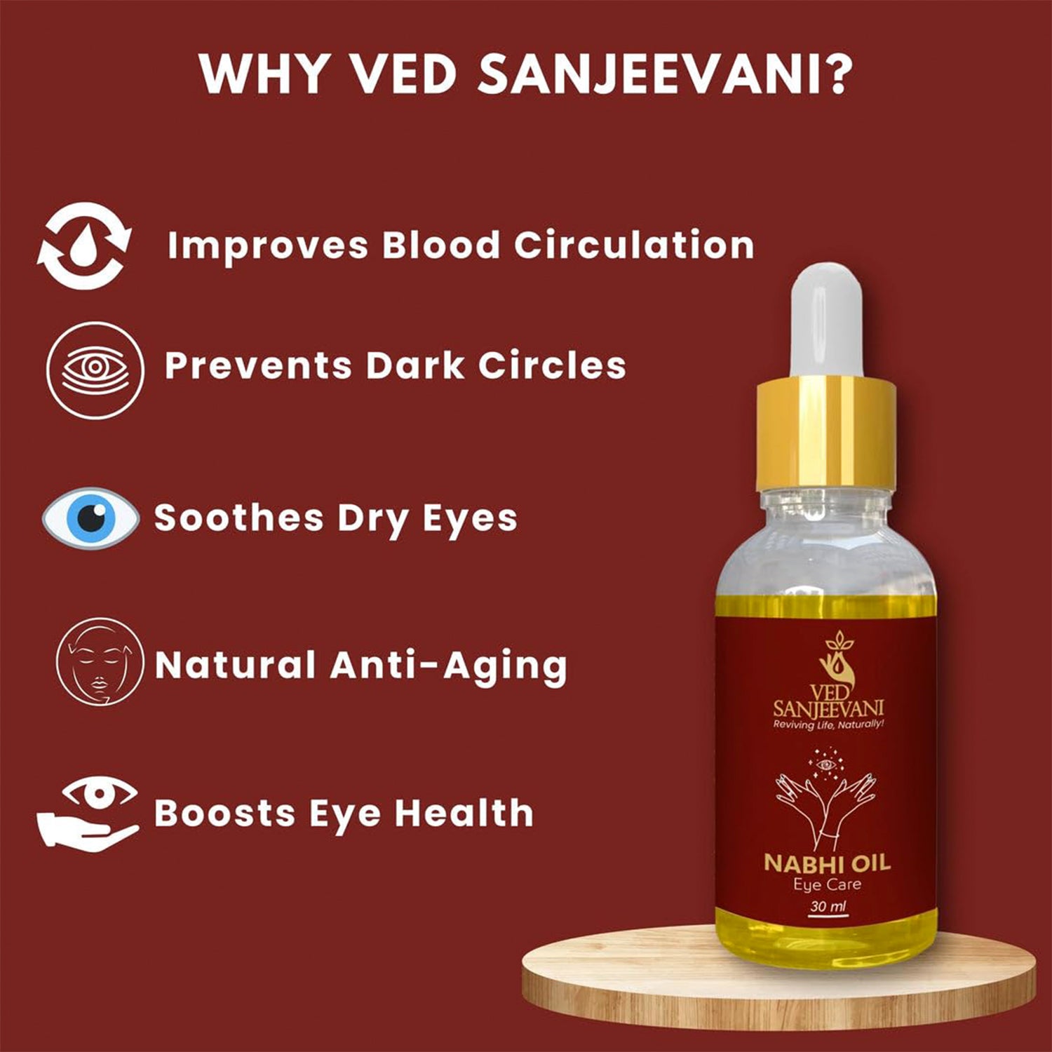Wukusy Ved Sanjeevani 100% organic Ayurvedic Nabhi Oil for eye care in a 30ml bottle, natural health care product.