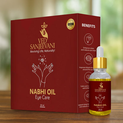 Wukusy Ved Sanjeevani 100% organic Ayurvedic Nabhi oil for eye care in a 30ml bottle, shown in a natural setting.