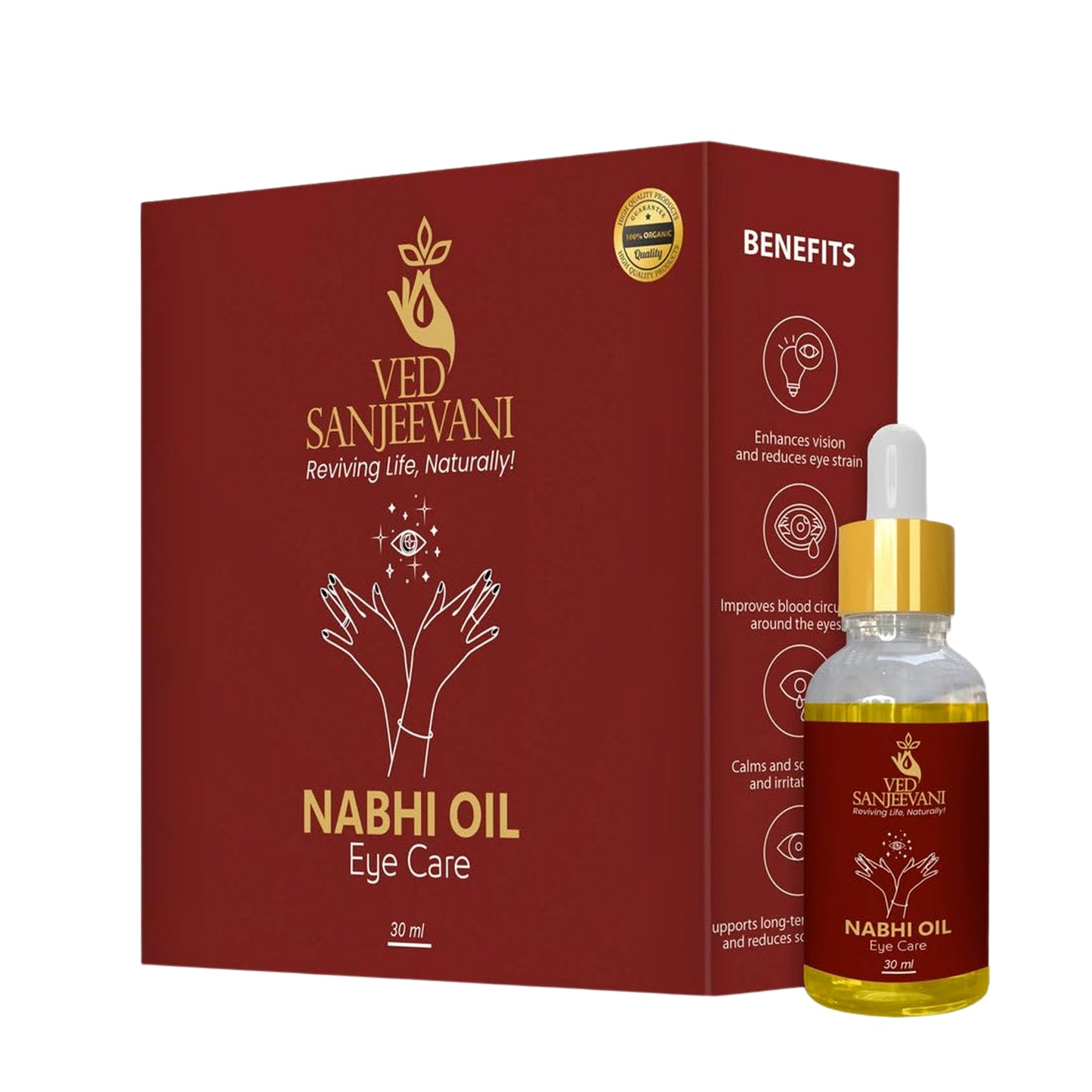 Wukusy Ved Sanjeevani 100% organic Ayurvedic Nabhi Oil for eye care in 30ml bottle, displayed with dropper and herbal packaging.