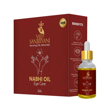 Wukusy Ved Sanjeevani 100% organic Ayurvedic Nabhi Oil for eye care in 30ml bottle, displayed with dropper and herbal packaging.