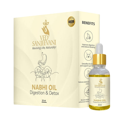 Wukusy Ved Sanjeevani Ayurvedic Nabhi Oil for digestion and detox in a 30ml bottle, with a dropper cap and herbal packaging.